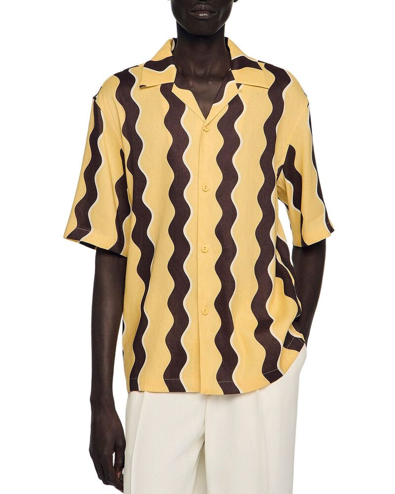 サンドロ メンズ トップス シャツ プリント リネン Sandro SS26 Waves Printed Linen Shirt Light Yellow イエロー