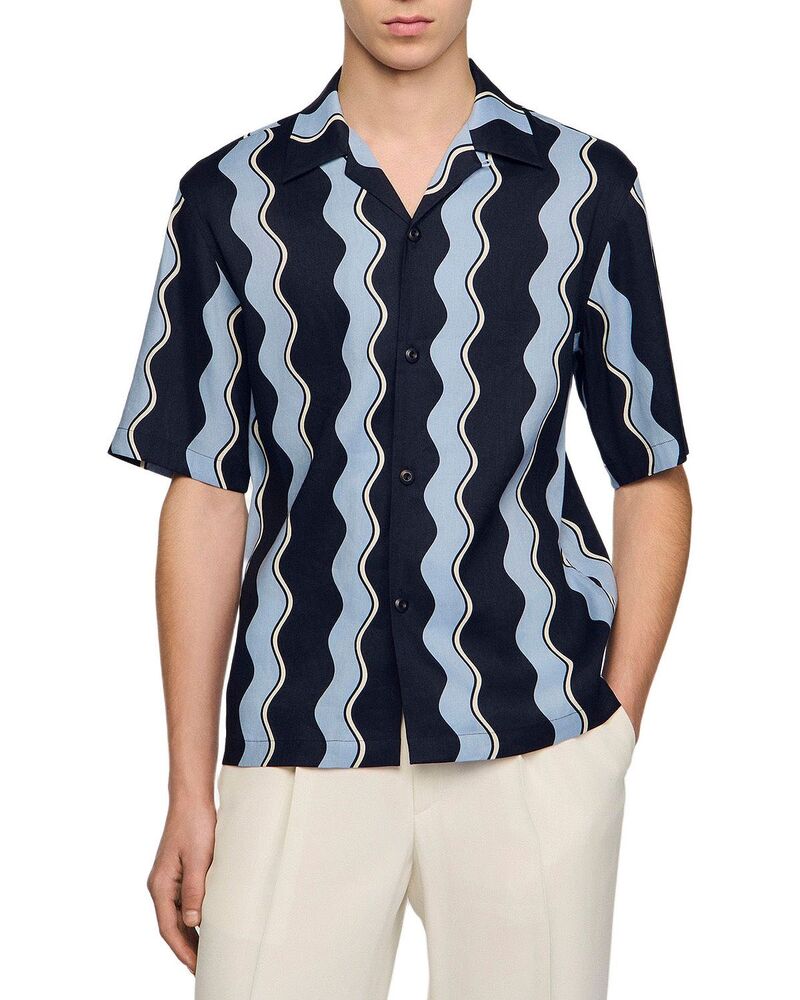 サンドロ メンズ トップス シャツ プリント リネン Sandro SS26 Waves Printed Linen Shirt Navy Blue ネイビー