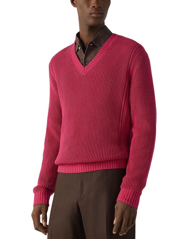 ゼニア メンズ トップス プルオーバー Vのど首 地絹 綿織物 ZEGNA Cotton and Silk V Neck Shirt Dark Pink さくら色