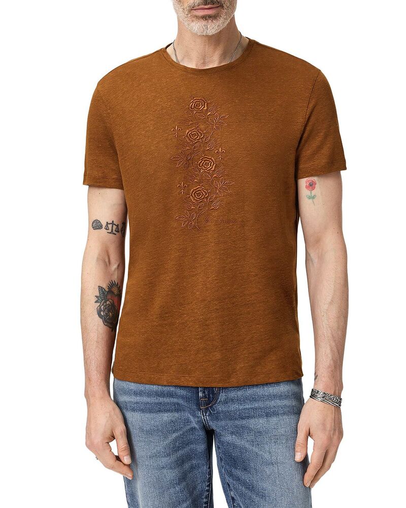 ジョンバルベイトス メンズ トップス Tシャツ クルーネック リネン John Varvatos Rose Vinembroidery Linen Crewneck Tee Sienna Brown ブラウン|ReVida 店