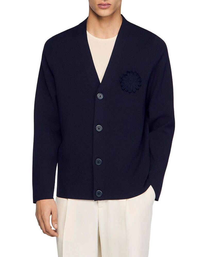 サンドロ メンズ アウター カーディガン セーター Sandro Crochet Flower Cardigan Sweater Navy Blue ネイビー｜ReVida 店