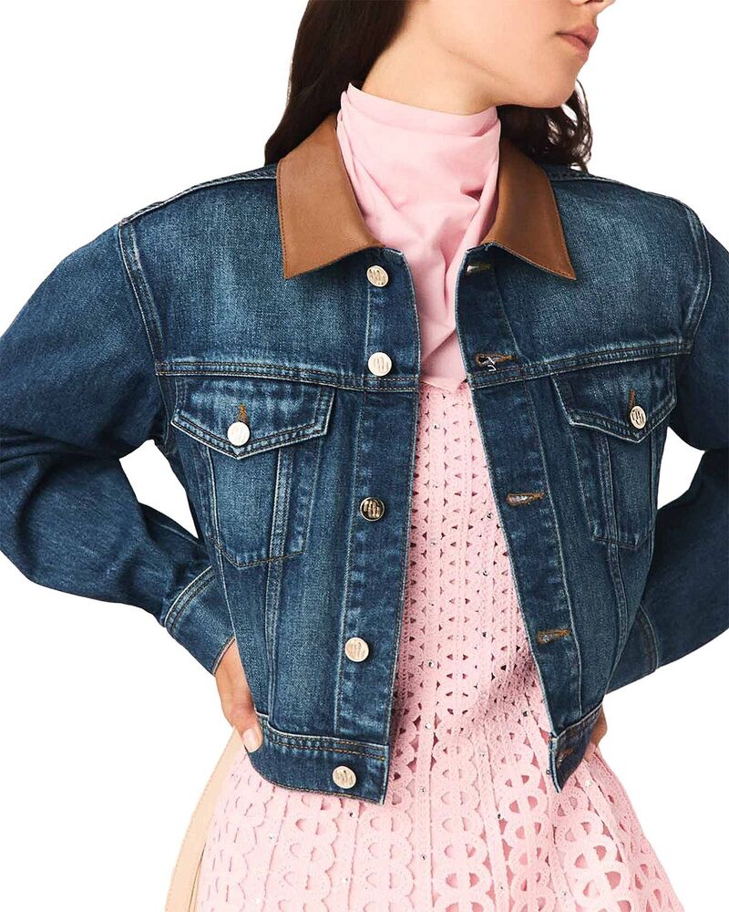 マージュ レディース アウター ジャケット・ブルゾン デニム レザー Maje Denim Jacket with Leather Collar Blue ブルー|ReVida 店