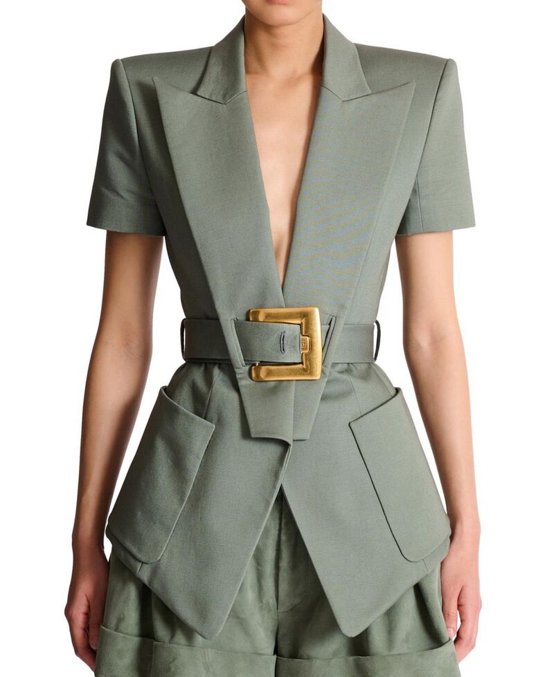 バルマン レディース アウター 上衣・上衣 Balmain Belted Gabardine Anthem Jacket Green 緑であること