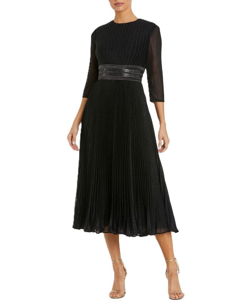 マックダガル レディース トップス ワンピース A ライン ミディ Mac Duggal Shimmering 3/4 Sleeve A-Line Midi Dress Black ブラック｜ReVida 店