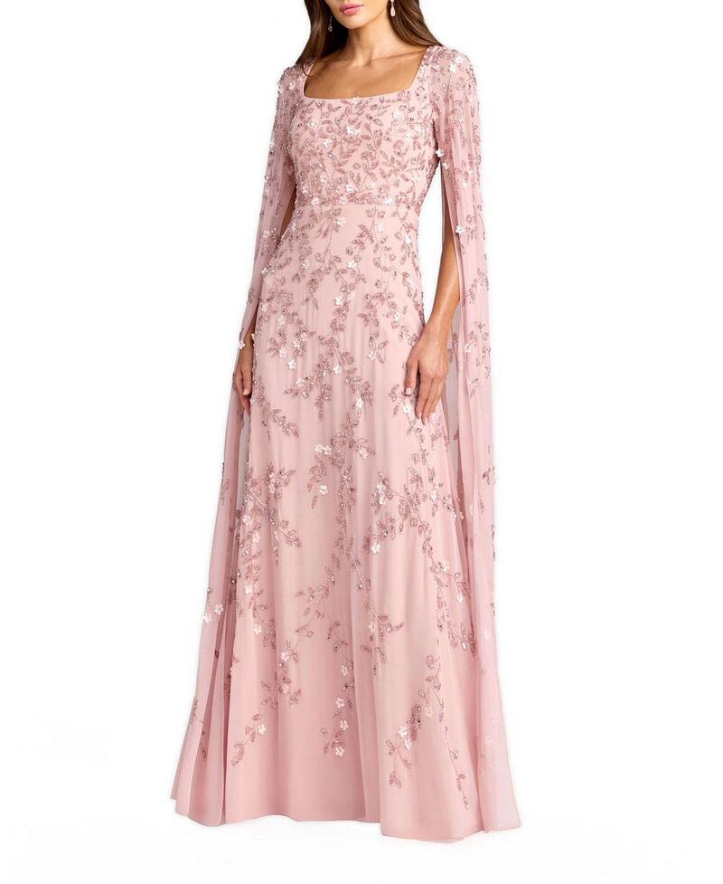 マックダガル レディース トップス ワンピース ケープデザイン ジョーゼット キャップ ケープ Mac Duggal Beaded Georgette Square Neck Cape Sleeve Gown Rose｜ReVida 店