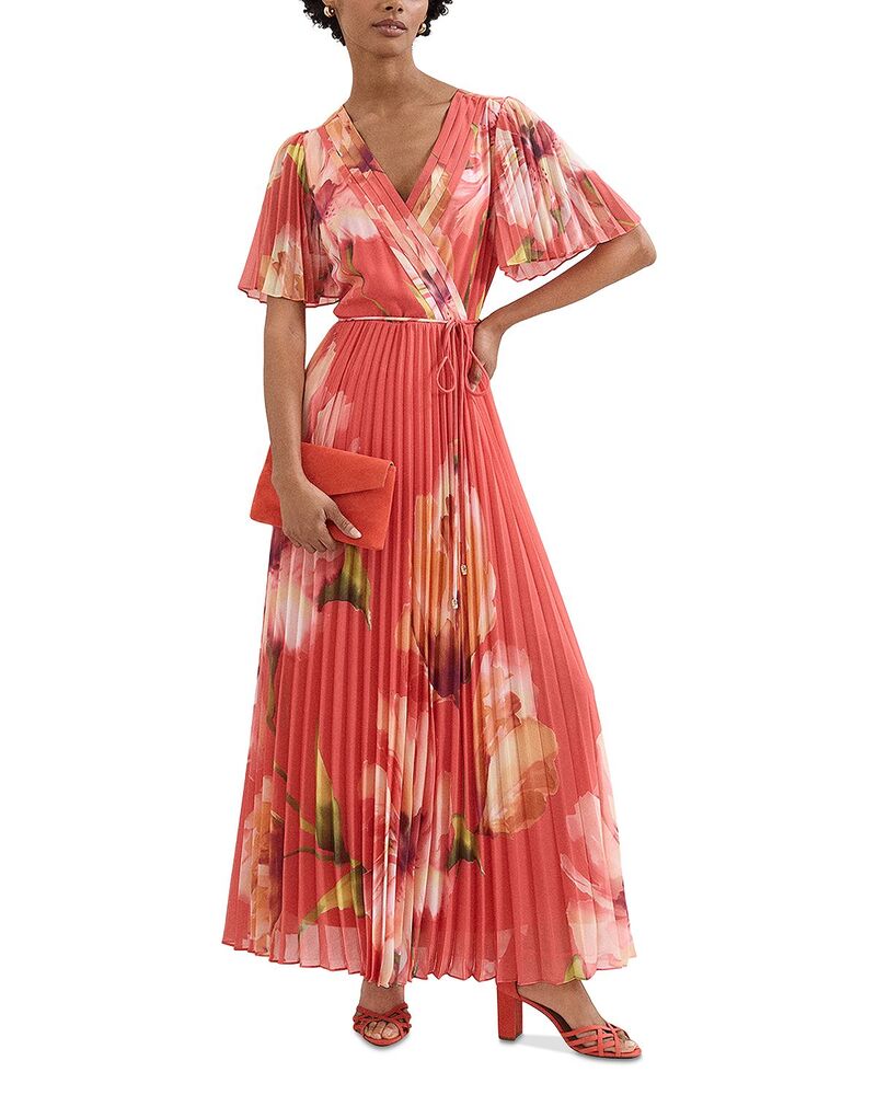 位相角・八つ レディース トップス 衣装 筋目 刷り上げる マキシ Phaseight Abigail Pleated Print Maxi Dress Orange オレンジ色