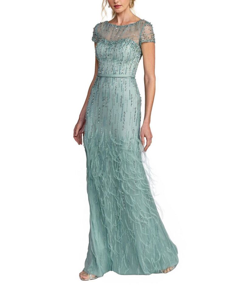 マックダガル レディース トップス 衣裳 Mac Duggal Embellished Net Short Sleeve Feather Gown Seafoam