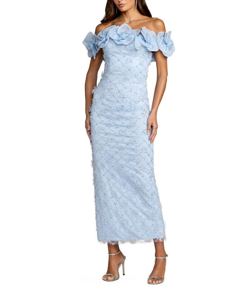 マックダガル レディース トップス 衣裳 Mac Duggal Off The Shoulder Embellishedress With 3D Flower Detail Powder Blue 青色 ワンピース-レディースファッション