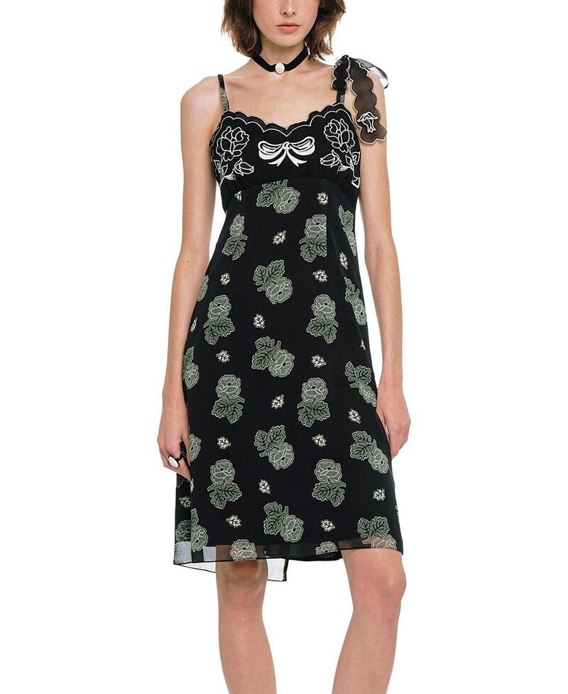 アナスイ レディース トップス 衣装 シフォン 刺しゅう Anna Sui Lily and Roses Chiffon Combo Embroidered Slip Dress Black 黒いこと