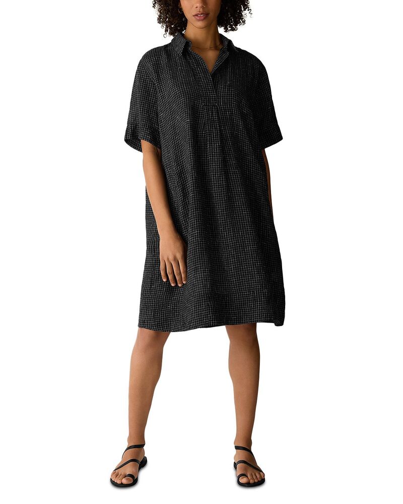 エイリーンフィッシャー レディース トップス ワンピース リネン Eileen Fisher Puckered Linen Grid Classicollar Dress Black/White ホワイト｜ReVida 店