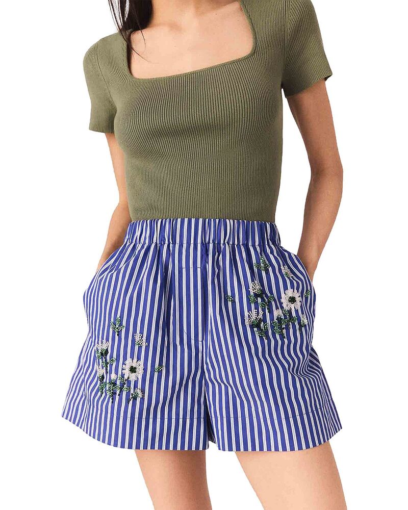 マージュ レディース ボトムス ハーフパンツ・ショーツ ショートパンツ 刺繍 Majembroidered Striped Shorts White / Blue ホワイト｜ReVida 店
