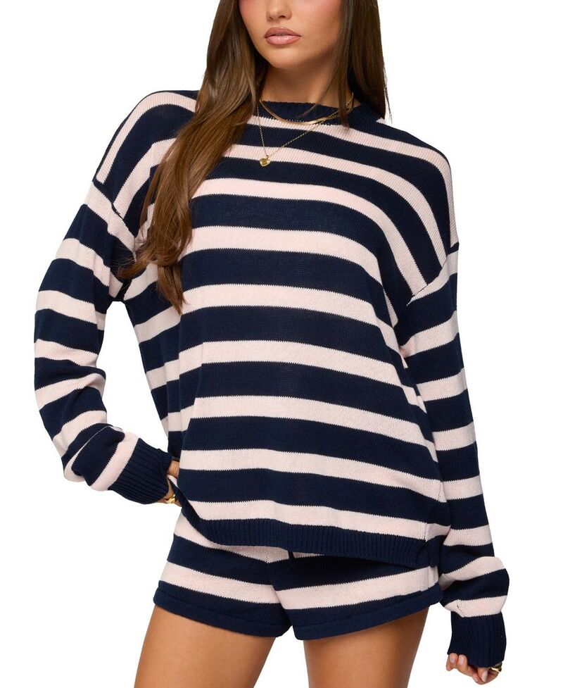 アディクテッド レディース アウター 編み物・プルオーバー Edikted Amaris Oversized Striped Sweater Navy-And-Pink 米国海軍 トップス-セーター