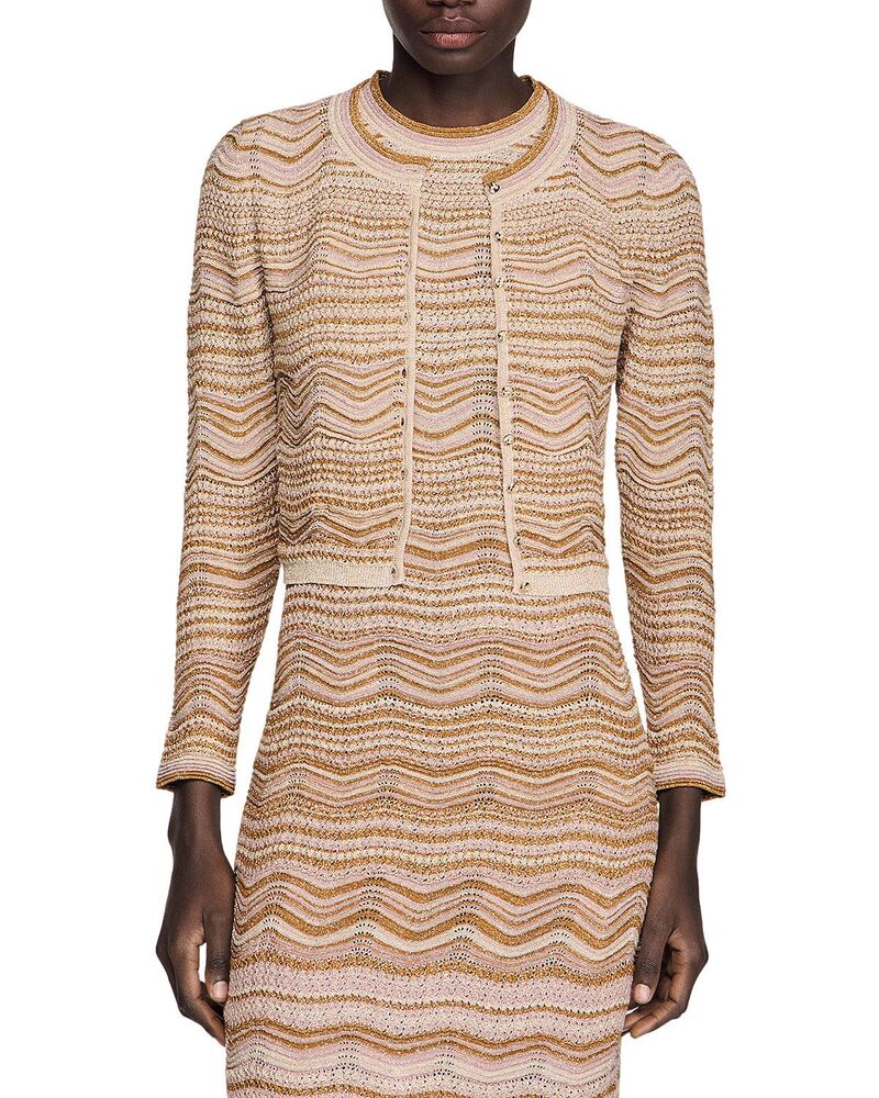 砂子ロ レディース アウター ジレー プルオーバー 編み物 Sandro Raffaelo Knit Cardigan Sweater Brown 赤銅色