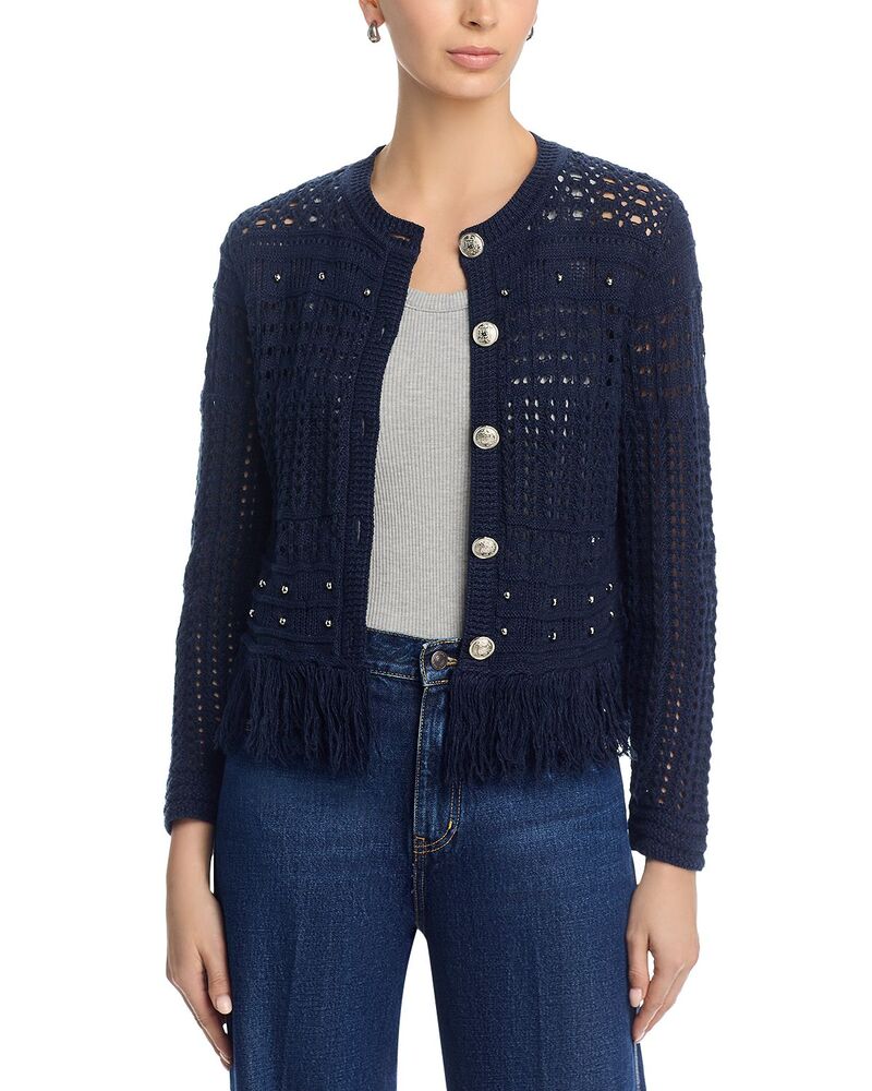 ミリー レディース アウター ジレー 労働者の一団のど首 フリンジ MILLY Beaded Fringe Crewneck Cardiganavy 米国海軍