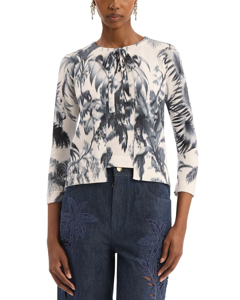 オスカー デ ラ レンタ レディース アウター ジレー 刷り上げる プルオーバー Oscar de la Renta Dotted Palm Print Cardigan Sweater Navy/White 白いこと