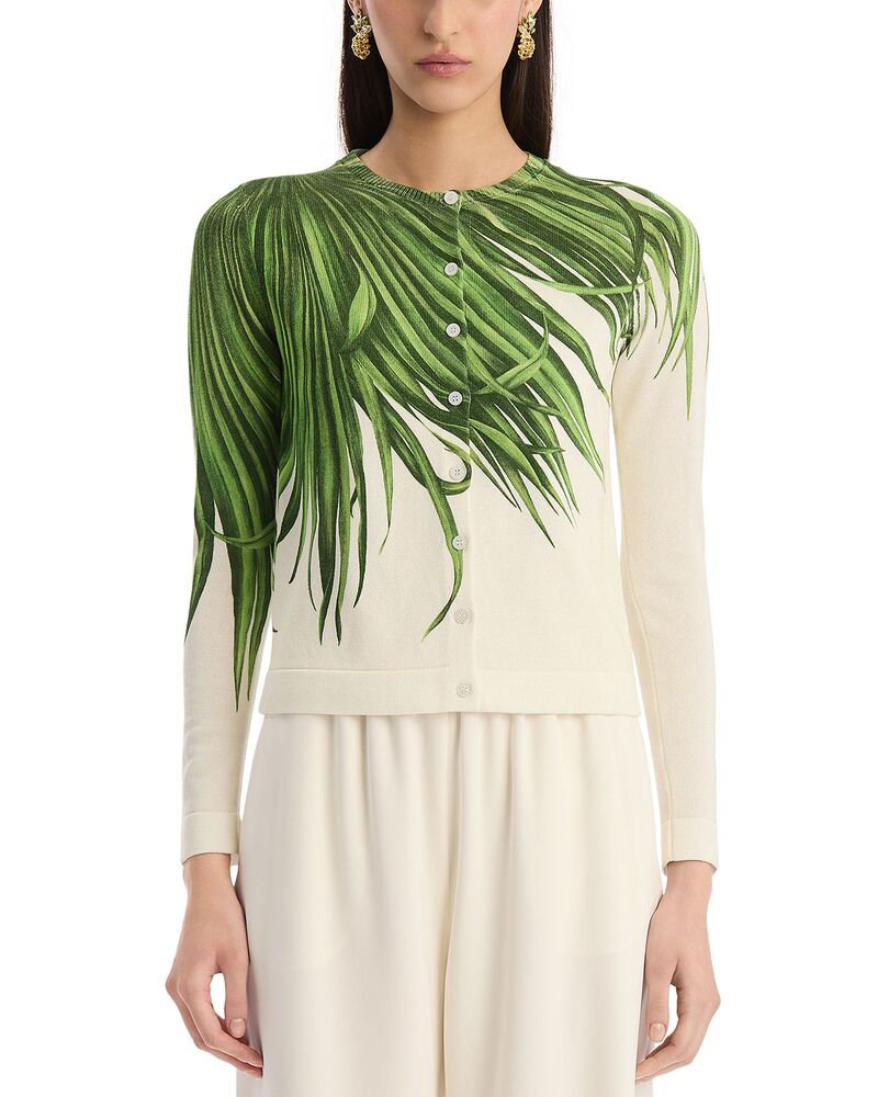 オスカー デ ラ レンタ レディース アウター ジレー 刷り上げる プルオーバー 編み物 Oscar de la Renta Printed Palm Tree Knit Cardigan Sweater Green/Ivory 象牙色