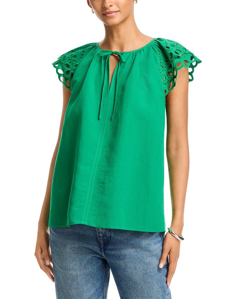 ティー・タハリ レディース トップス シャツ 刺繍 ブラウス Tahari Embroidered Puff Sleeve Split Neck Blouse Jungle Palm｜ReVida 店