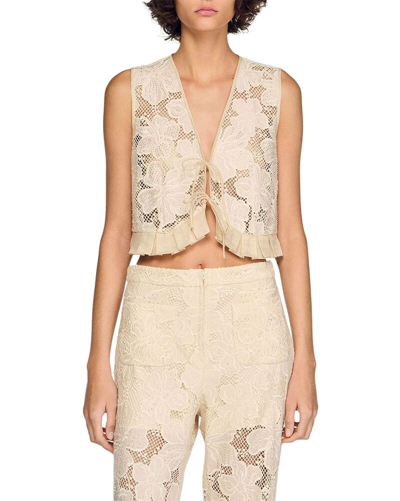 サンドロ レディース トップス シャツ フリル レース Sandro Guipure Lace Ruffle Crop Top Ecru エクリュ