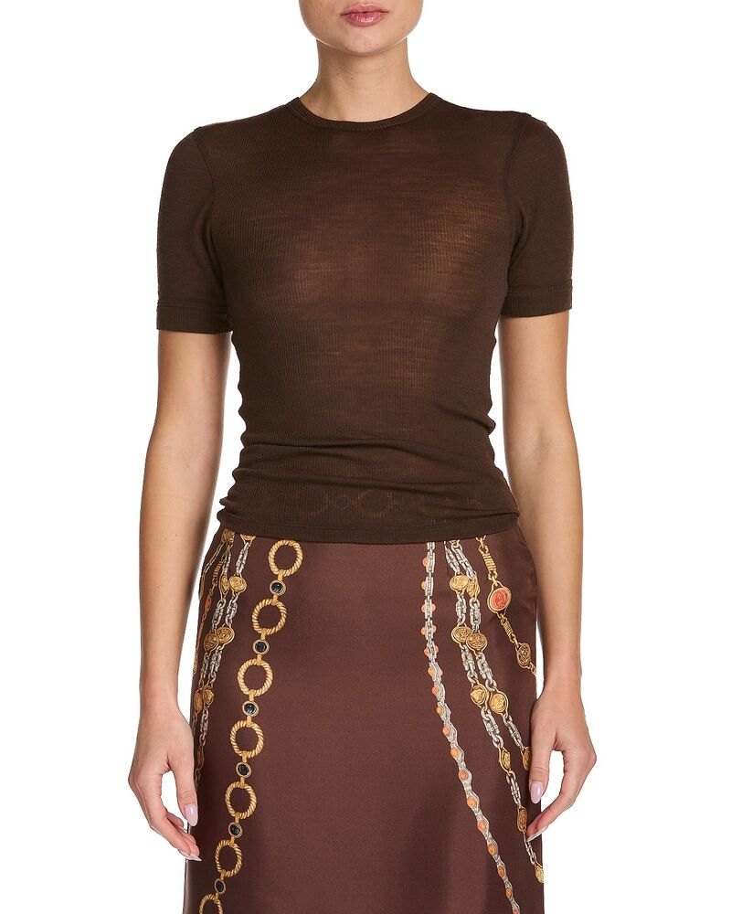 ヴェルサーチ レディース トップス プルオーバー 肋材 羊毛 Versace Wool Ribbed Tee Brown 赤銅色