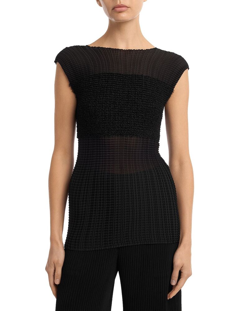 筋目 プリーズ イッセイ ミヤケ レディース トップス 貯蔵タンクとっ始め シアー PLEATS PLEASE ISSEY MIYAKE Sheer Fuzzy Pleats Tank Black 黒いこと