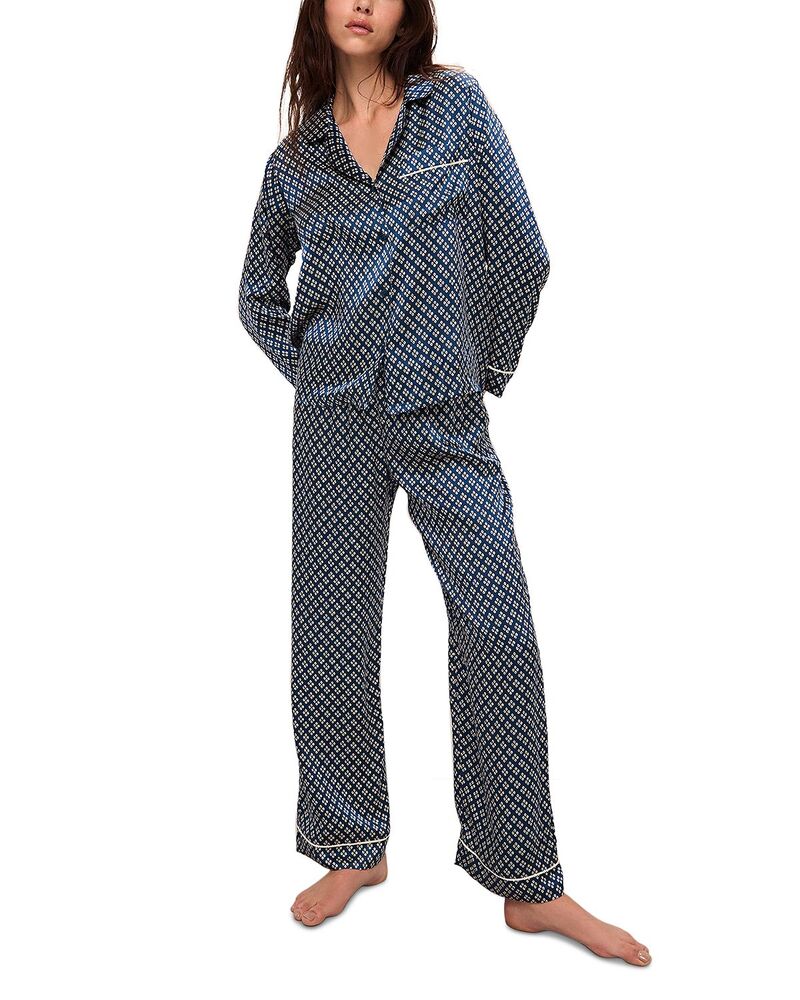 エバージェイ レディース アウター パーカー・スウェット 刷り上げる 地絹 Eberjey Inez Printed Washable Silk Long Pajama Set Petite Batik Indigo Blue インディゴ