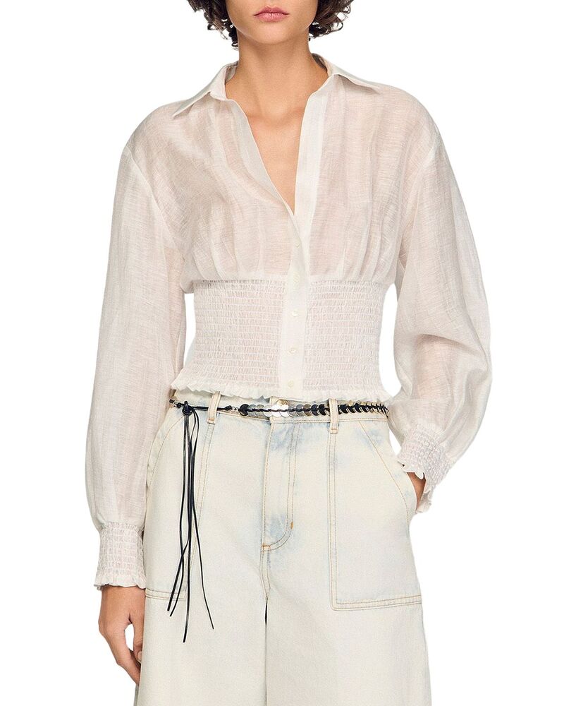 サンドロ レディース トップス シャツ シャーリング リネン Sandro Judia Smocked Linen Blend Shirt White ホワイト