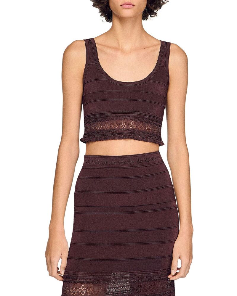 沙子ロ レディース トップス プルオーバー 編み物 Sandro Andre Pointelle Knit Crop Top Brown 赤銅色