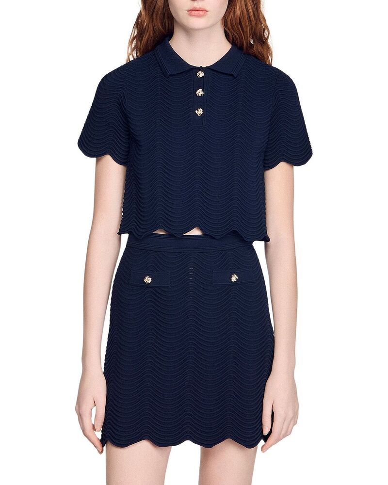 沙子ロ レディース トップス スポーツシャツ Sandro Campea Fancy Stitch Polo Top Navy Blue 米国海軍