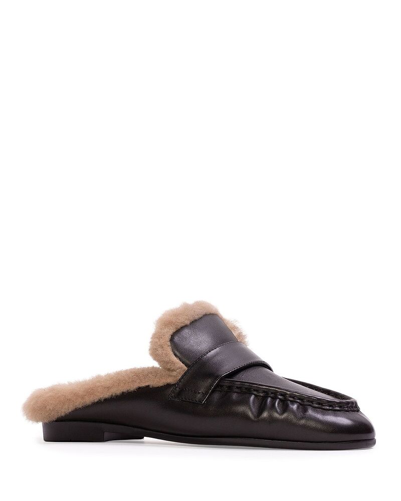 ブラックスエードスタジオ レディース シューズ スリッポン・ローファー Black Suede Studio Women\u0027s Classic Shearling Mule Loafers Black Leather 黒いこと