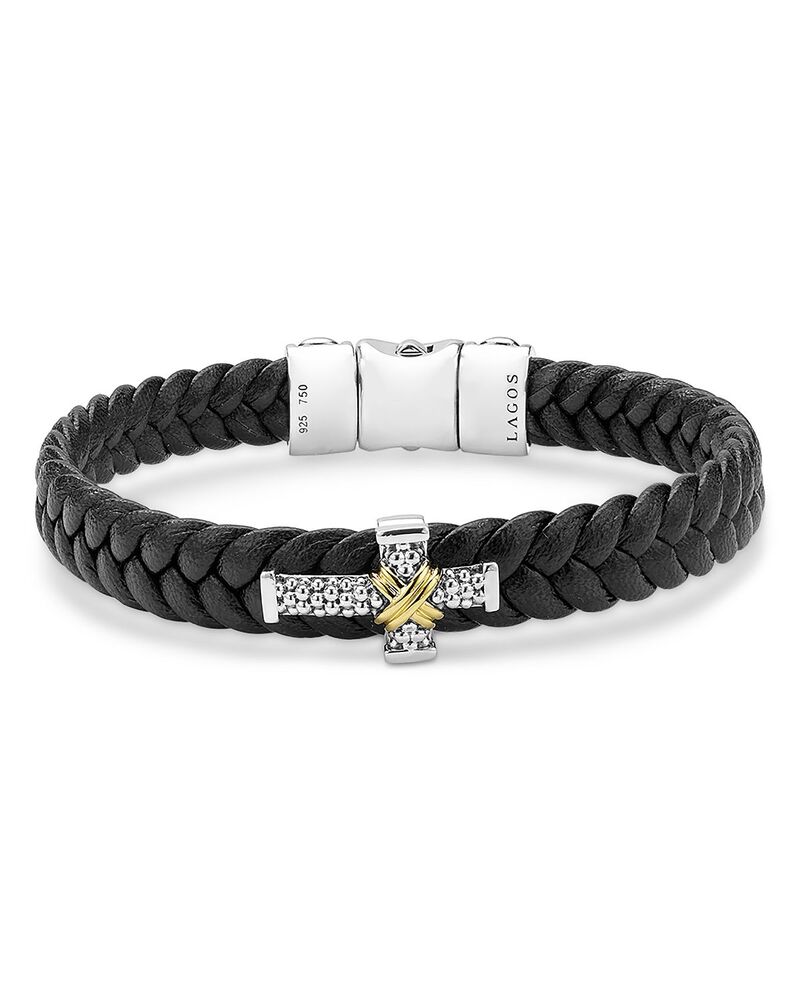 ラゴス メンズ アクセサリー ブレスレット・バングル・アンクレット レザー フェイクレザー LAGOS Men's 18K Yellow Gold & Sterling Silver Anthem Cross Braided Faux Leather Bracelet Silver シルバー｜ReVida 店