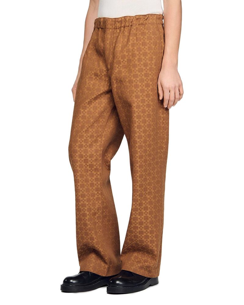真砂ロ メンズ ボトムス 心地好いズボン下 ジーンズ Sandro Wide-leg Jacquard Square Cross Denim Trousers Camel 駱駝