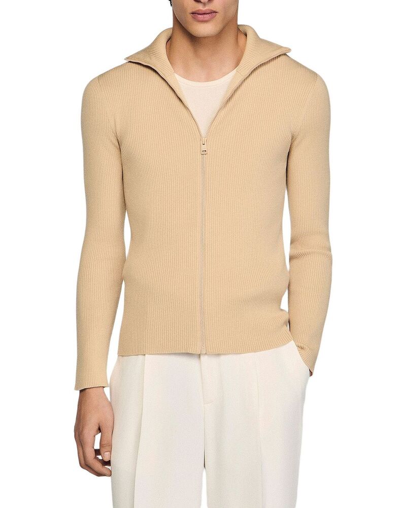 砂子ロ メンズ アウター ジレー 編み物 Sandro Zip Knitted Cardigan Beige ベージュ