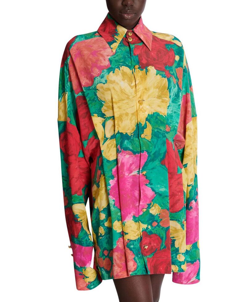 バルマン レディース トップス プルオーバー 縮緬リント Balmain Crepe Shirt Dress with Roses Print Multicolor マルチ色合い