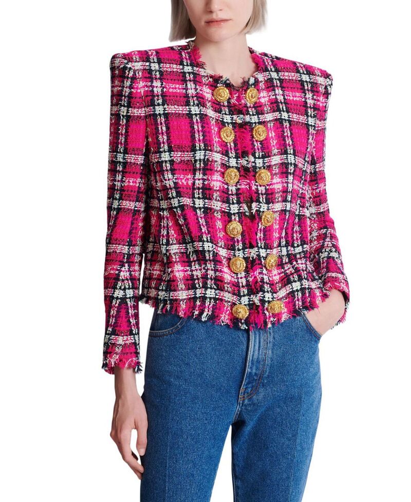 バルマン レディース アウター 上衣・上衣 ツィード クロップド Balmain Cropped Jacket インチ Glitter Plaid Tweed Pink サクラ色