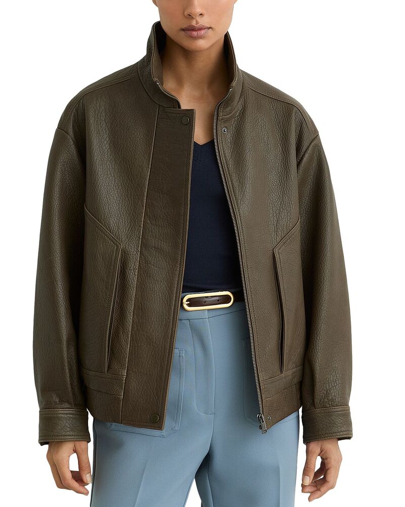 レイス レディース アウター 上衣・上衣 なめし革 REISS Kiara Leather Jacket Khaki Green 緑であること
