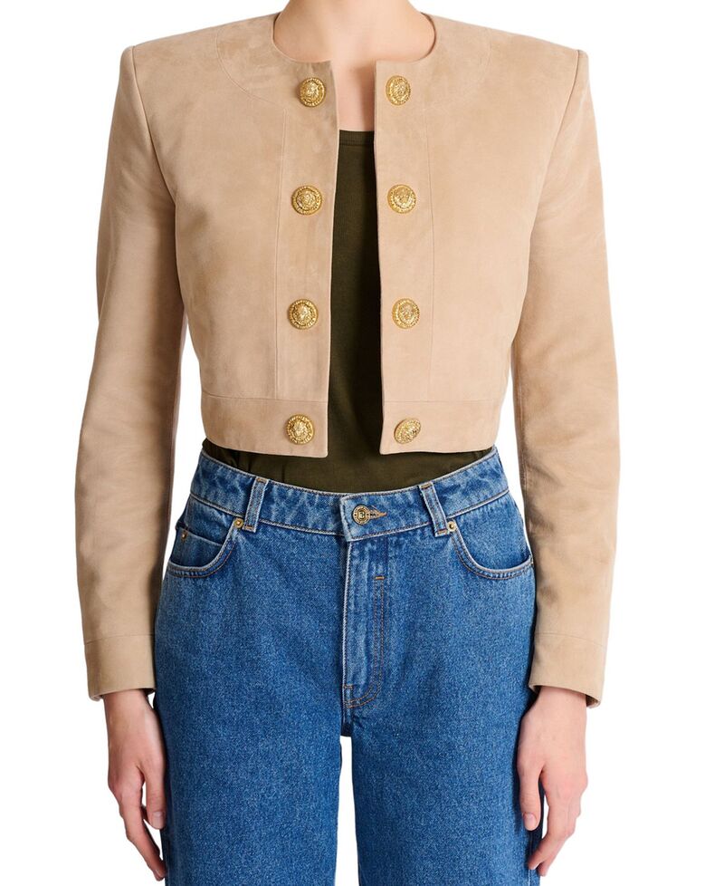 バルマン レディース アウター ジャケット・ブルゾン スエード クロップド レザー Balmain Cropped Suede Leather Jacket Beige ベージュ｜ReVida 店