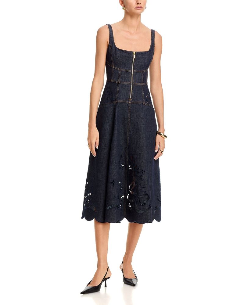 セルフ・ポートレイト レディース トップス 衣装 MIDI 刺しゅう ジーンズ Self-Portrait Indigo Denim Bow Embroidered Midi Dress Blue 青色