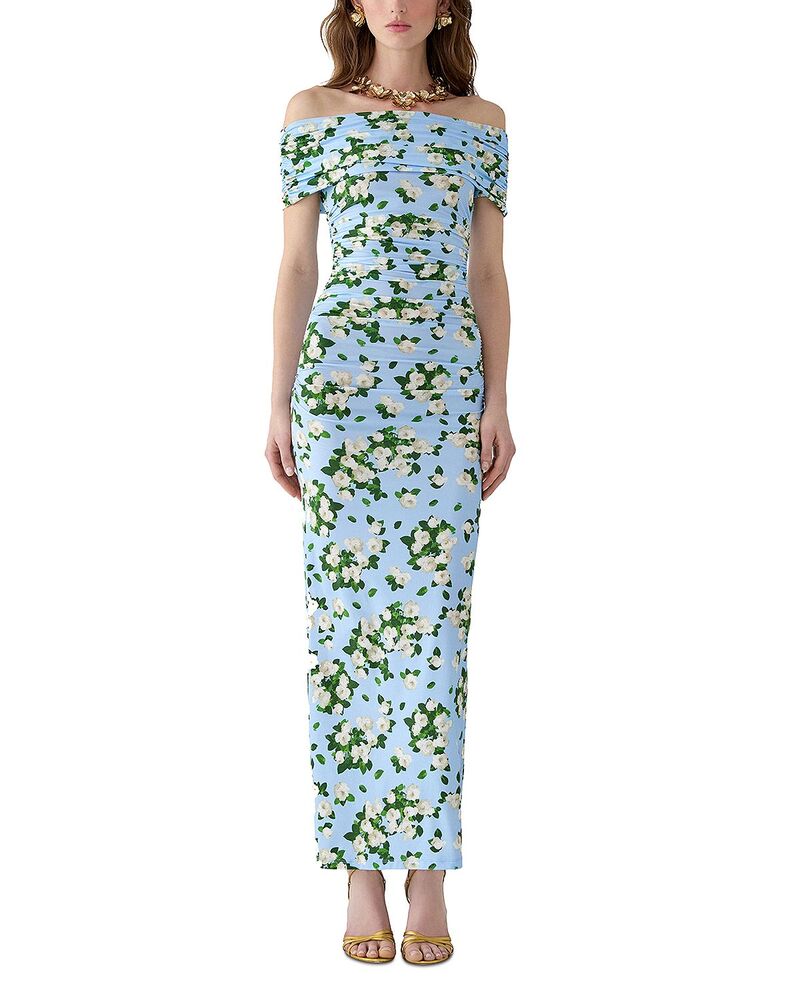 キャロライナヘレラ レディース トップス 衣裳 Carolina Herrera Off Shoulder Gatheredress Cloudy Blue Multi 青碧
