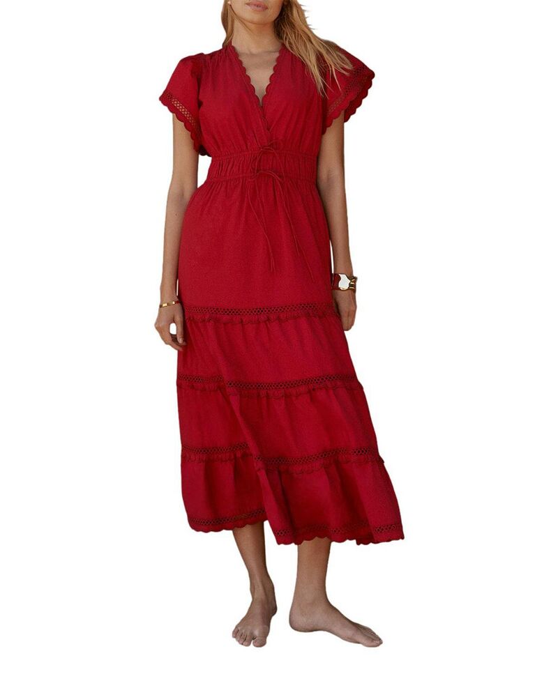 ミルトンベルベット レディース トップス ワンピース フリル コットン マキシ Mint Velvet Women's Cotton Ruffle Maxi Dress Red レッド|ReVida 店