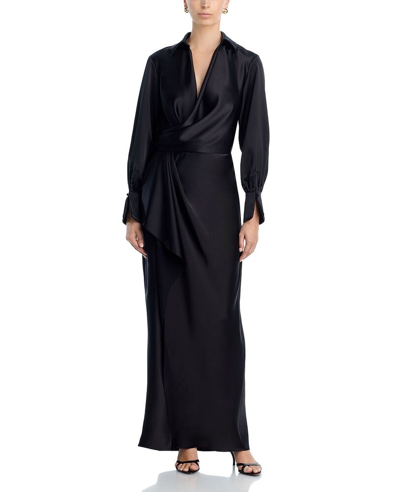 アクア レディース トップス 衣装 繻子 マキシ AQUA Satin Long Sleeve Maxi Gown - Exclusive Black 黒いこと