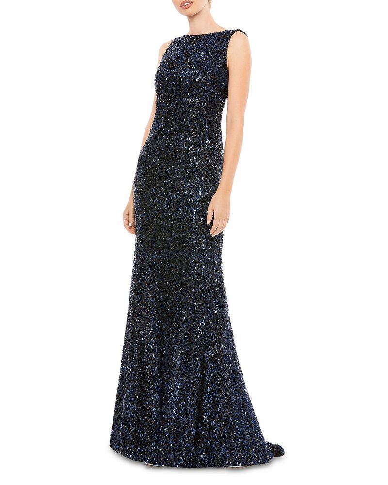 マックダガル レディース アンダー御召しもの ナイト爵御召しもの スパンコール Mac Duggal Cowl Back Boat Neck Sequined Eveningown Midnight