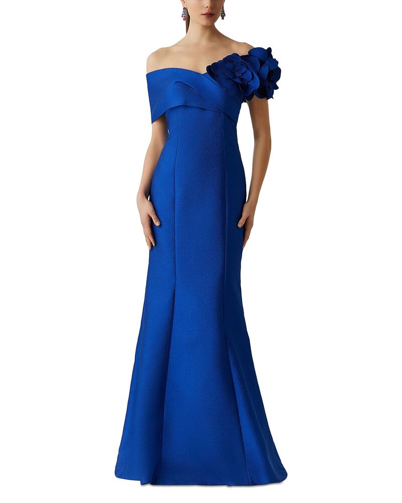 テリジョンバイリッキーフリーマン レディース トップス ワンピース Teri Jon by Rickie Freeman Pebble Jacquard 3D Flower Gown Royal Blue ブルー｜ReVida 店