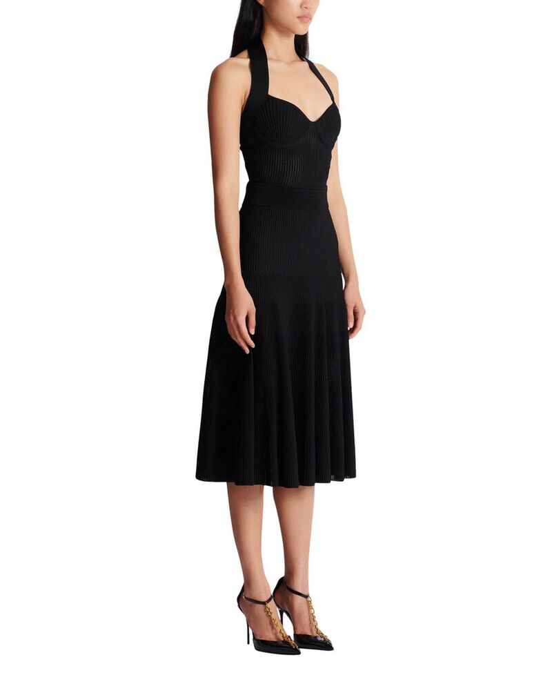 バルマン レディース トップス 衣装 筋目 MIDI 編み物 ホルター Balmain Halterneck Pleated Knit Midi Dress Black 黒いこと