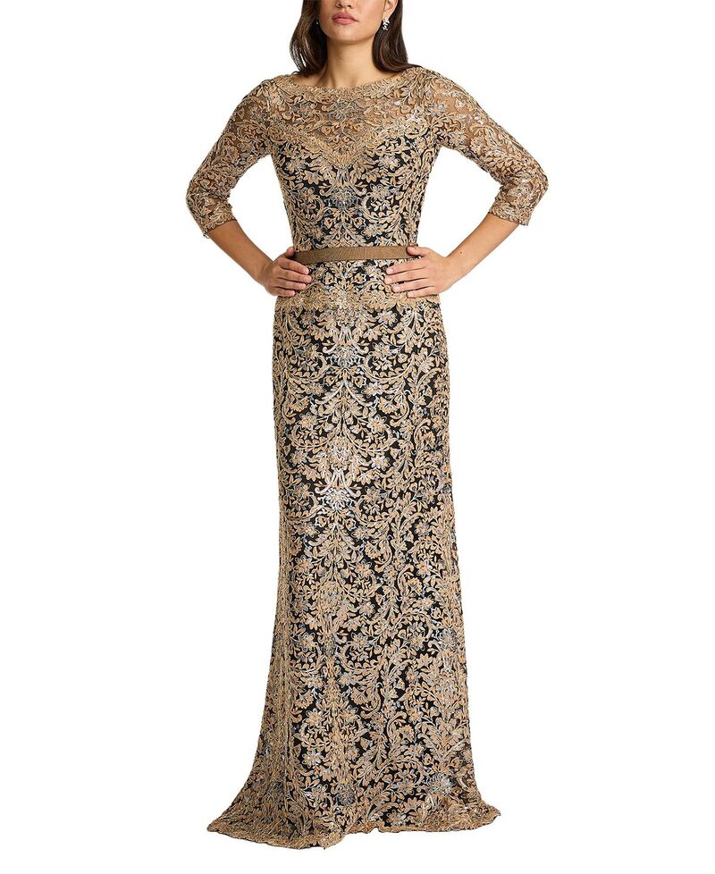 タダシショージ レディース トップス 衣装 チュール スパンコール 刺しゅう Tadashi Shoji Aziza Sequin Embroidered Tulle Gown Copper Shadow/Black 黒いこと
