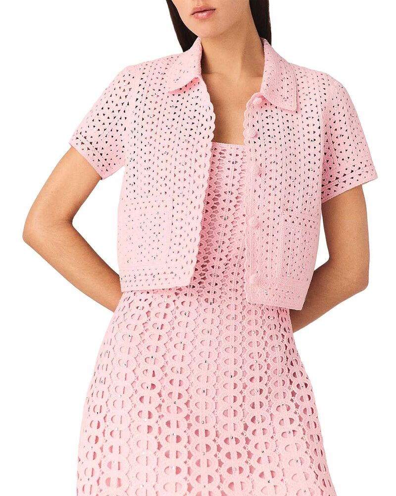 マージュ レディース アウター ジレー Maje Mykinga Rhinestone Crochet Cardigan Pink さくら色