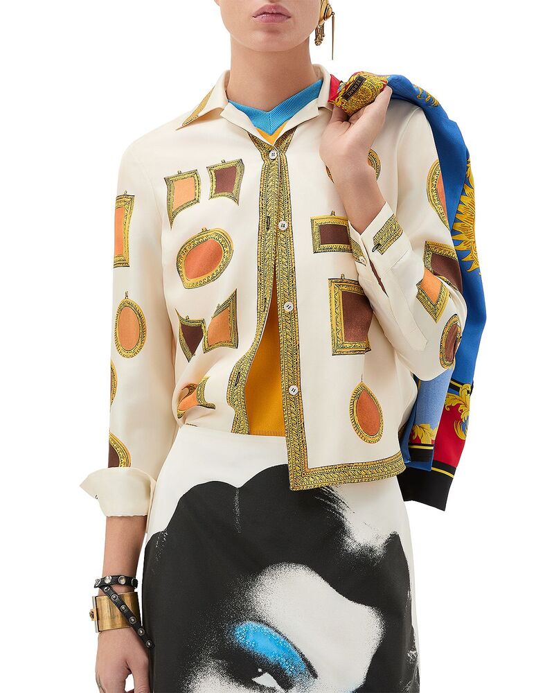 ヴェルサーチ レディース トップス ティーシャツ 絹地 Versace Silk Twill The Gallery Shirt Ivory/Amber/Chocolate 象牙色