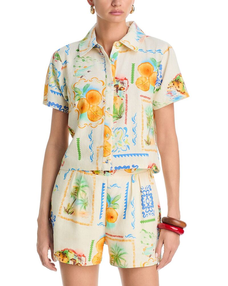 アクア レディース トップス シャツ AQUA Postcard Short Sleeve Button Front Shirt - Exclusive White Multi ホワイト|ReVida 店