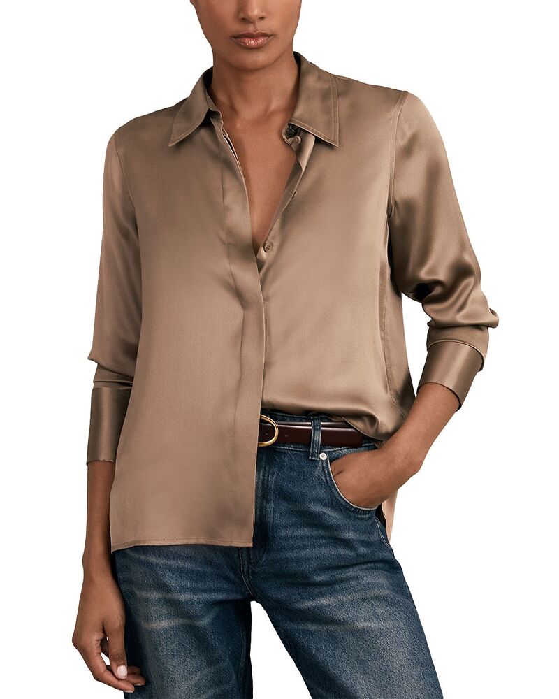 レイス レディース トップス プルオーバー プチ 繻子 地絹 REISS Petites Ameira Silk Satin Shirtaupe Brown 赤銅色