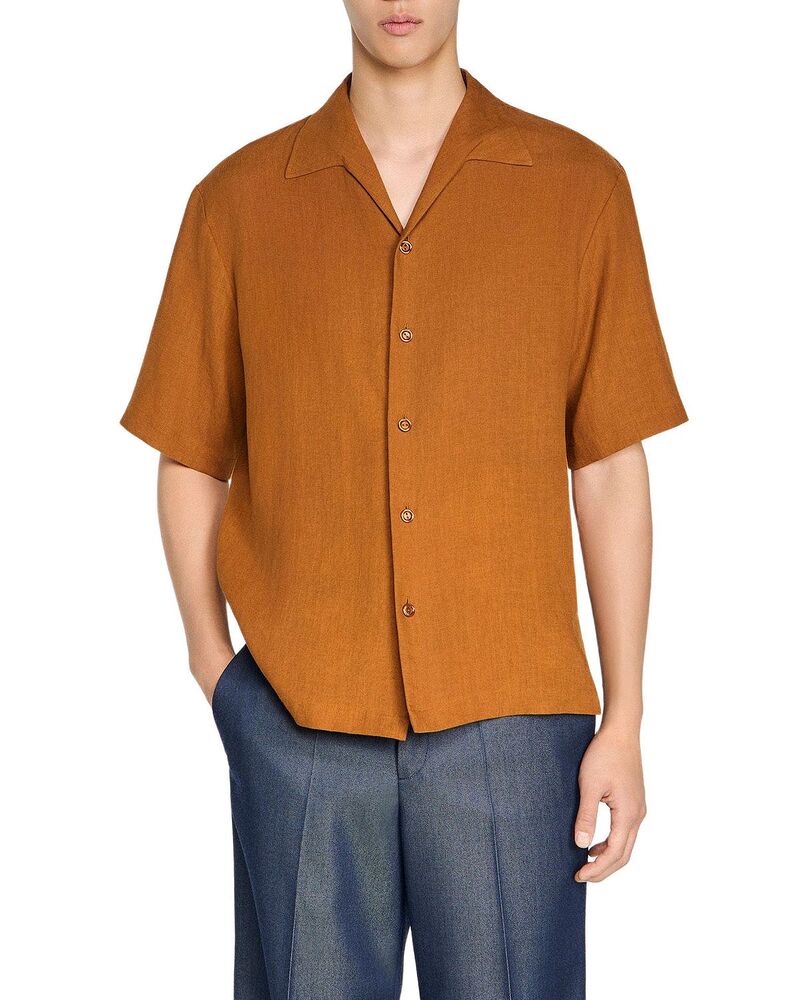 沙子ロ メンズ トップス プルオーバー リネン Sandro Classic Fit Shark Collar Linen Shirt Whisky