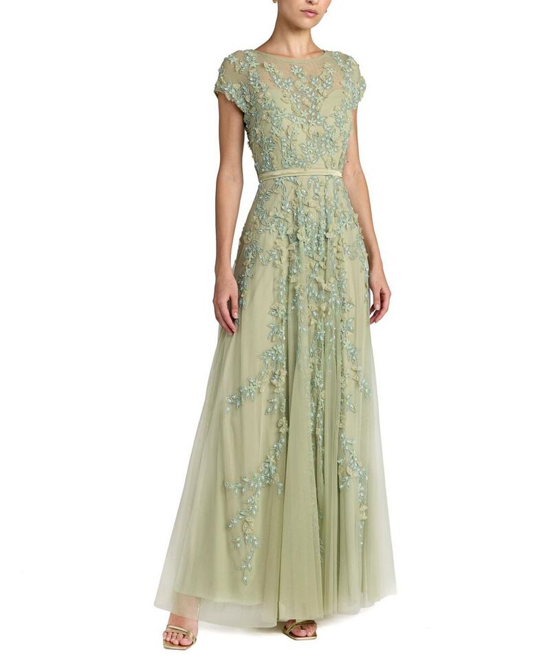 マックダガル レディース トップス ワンピース フラワー柄 メッシュ フラワー Mac Duggal Floral Embellished Short Sleeve Mesh Gown Sage セージ｜ReVida 店 103,400円